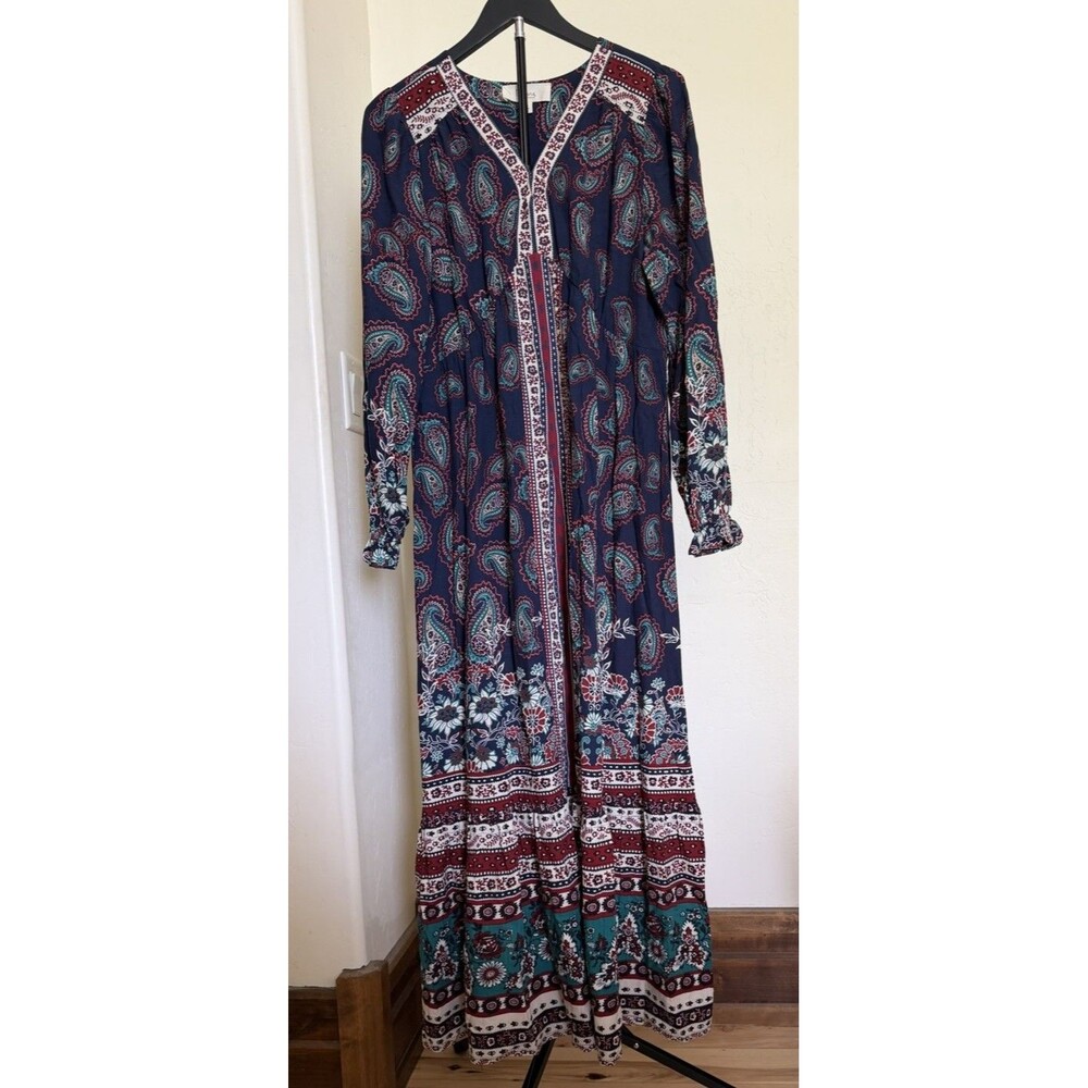 NWT Nurture By Westbound Paisley Maxi Boho Dress Long Sleeves Womens Small Long